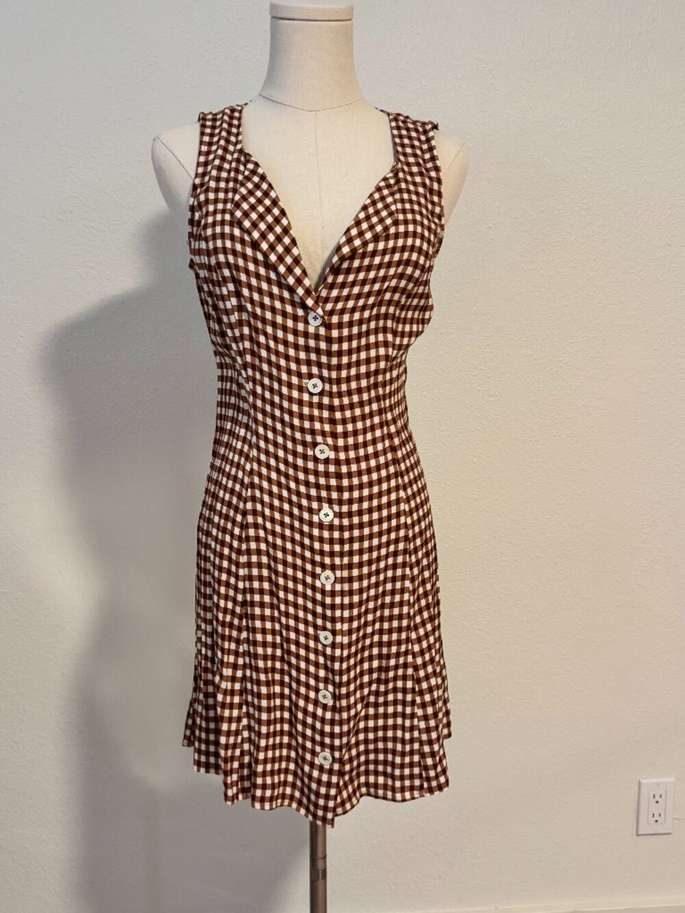 Reformation Brown Gingham Button Front Mini Dress Size 4 Tie Back